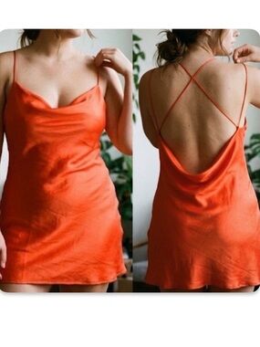 ZARA Orange Satin Cowl Neck Slip Dress Cross Back Mini Size XL
